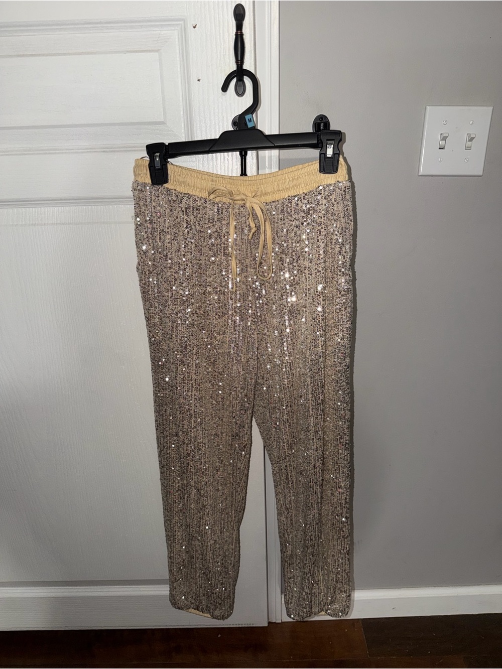 Style Rack Sequin Drawstring Pants in Beige